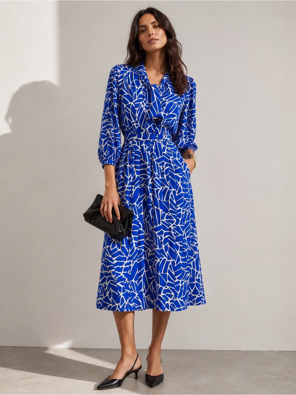 Vintage Blue & White Abstract Printed Belted Pleated Dress Size 12